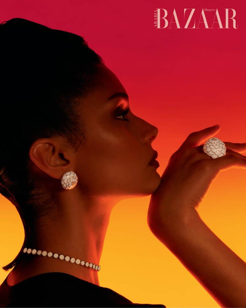 Paillettes Button Earrings in Pink Gold with Diamonds and White Enamel; Paillettes Choker in Pink Gold with Diamonds and White Enamel; Paillettes Dome-shaped Ring in Pink Gold with Diamonds and White Enamel, POA, all Chantecler at Alfardan Jewellery Dress, Dhs1,710, Elisabetta Franchi