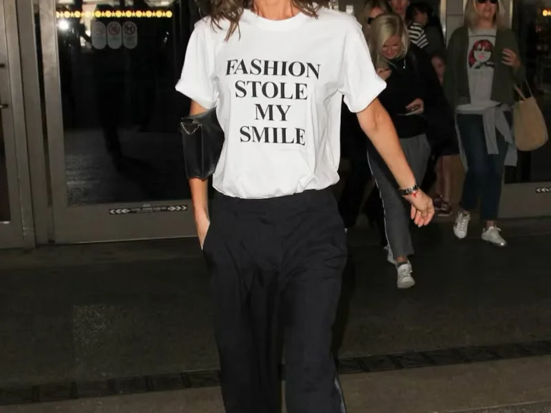 Victoria Beckham wearing a Fashion Stole my Smile t-shirt
