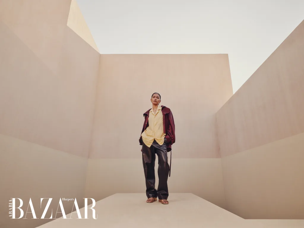Bottega Veneta belted shirt, trousers, earrings and pendant necklace
