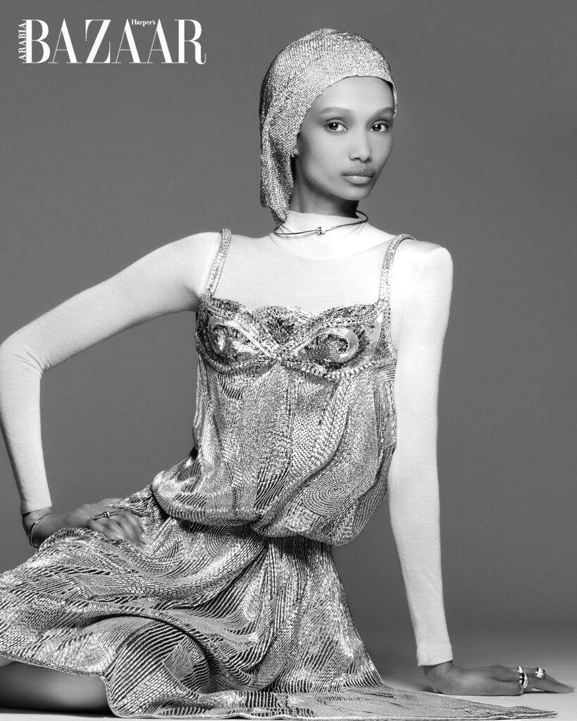 Boucheron jewellery. Versace dress and shoes. Christoforos Kotentos headpiece and bodysuit. 